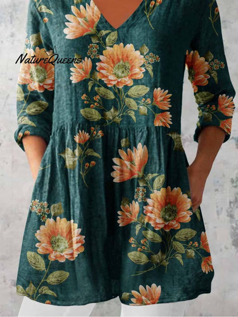 Women's Elegant Floral Print Cotton and Linen Top