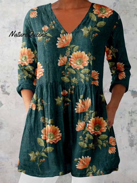 Women's Elegant Floral Print Cotton and Linen Top