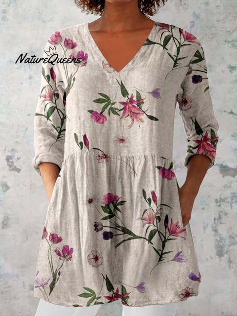 Women's Floral Pattern Cotton And Linen V-neck Top