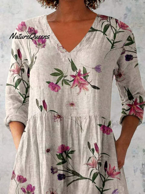 Women's Floral Pattern Cotton And Linen V-neck Top