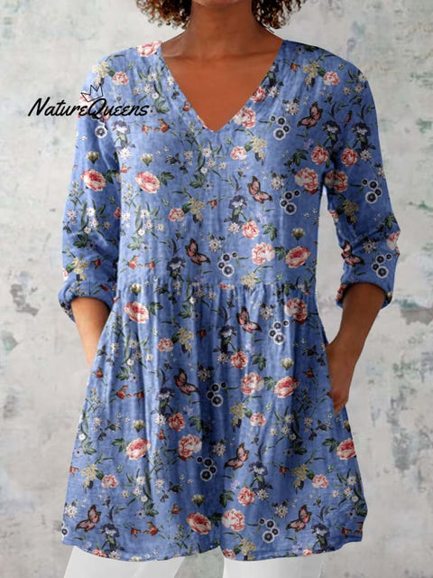 Women's Floral Pattern Cotton And Linen V-neck Top