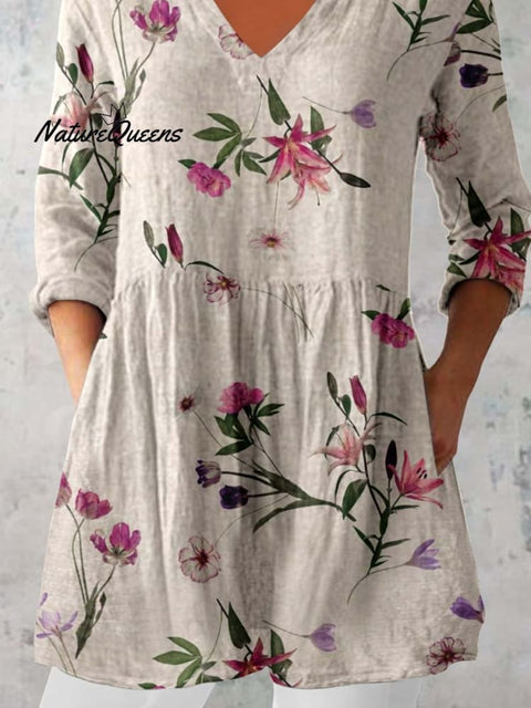 Women's Floral Pattern Cotton And Linen V-neck Top