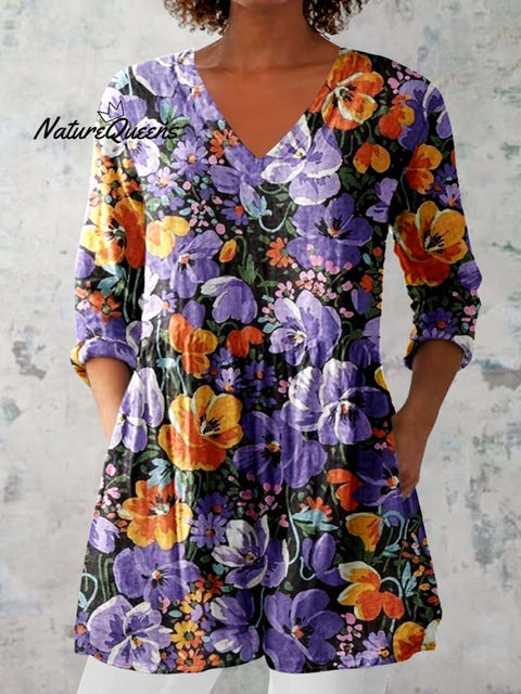 Women's Floral Pattern Cotton And Linen V-neck Top