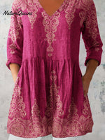 Women's Pellis Pattern Cotton and Linen V-neck Top