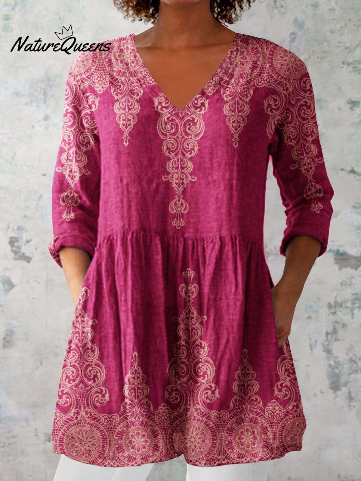 Women's Pellis Pattern Cotton and Linen V-neck Top