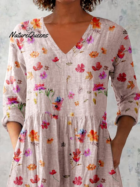 Women's Floral Pattern Cotton And Linen V-neck Top