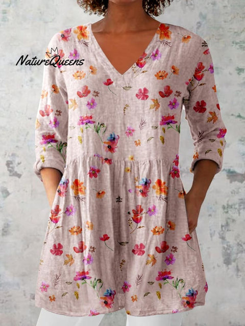 Women's Floral Pattern Cotton And Linen V-neck Top