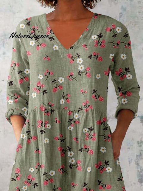 Women's Floral Pattern Cotton And Linen V-neck Top