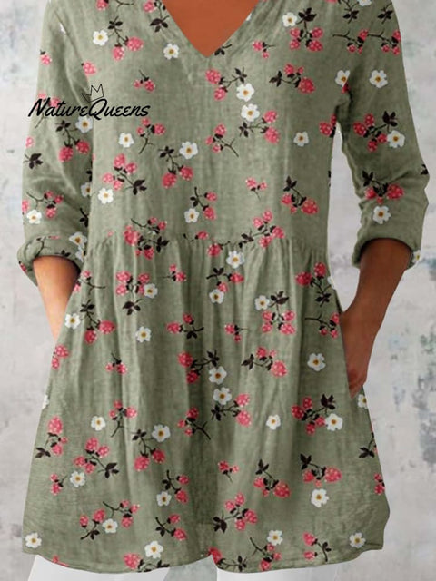 Women's Floral Pattern Cotton And Linen V-neck Top