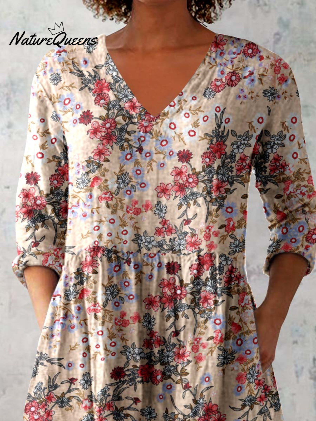 Women's Floral Pattern Cotton And Linen V-neck Top