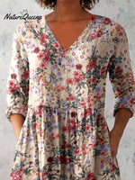 Women's Floral Pattern Cotton And Linen V-neck Top