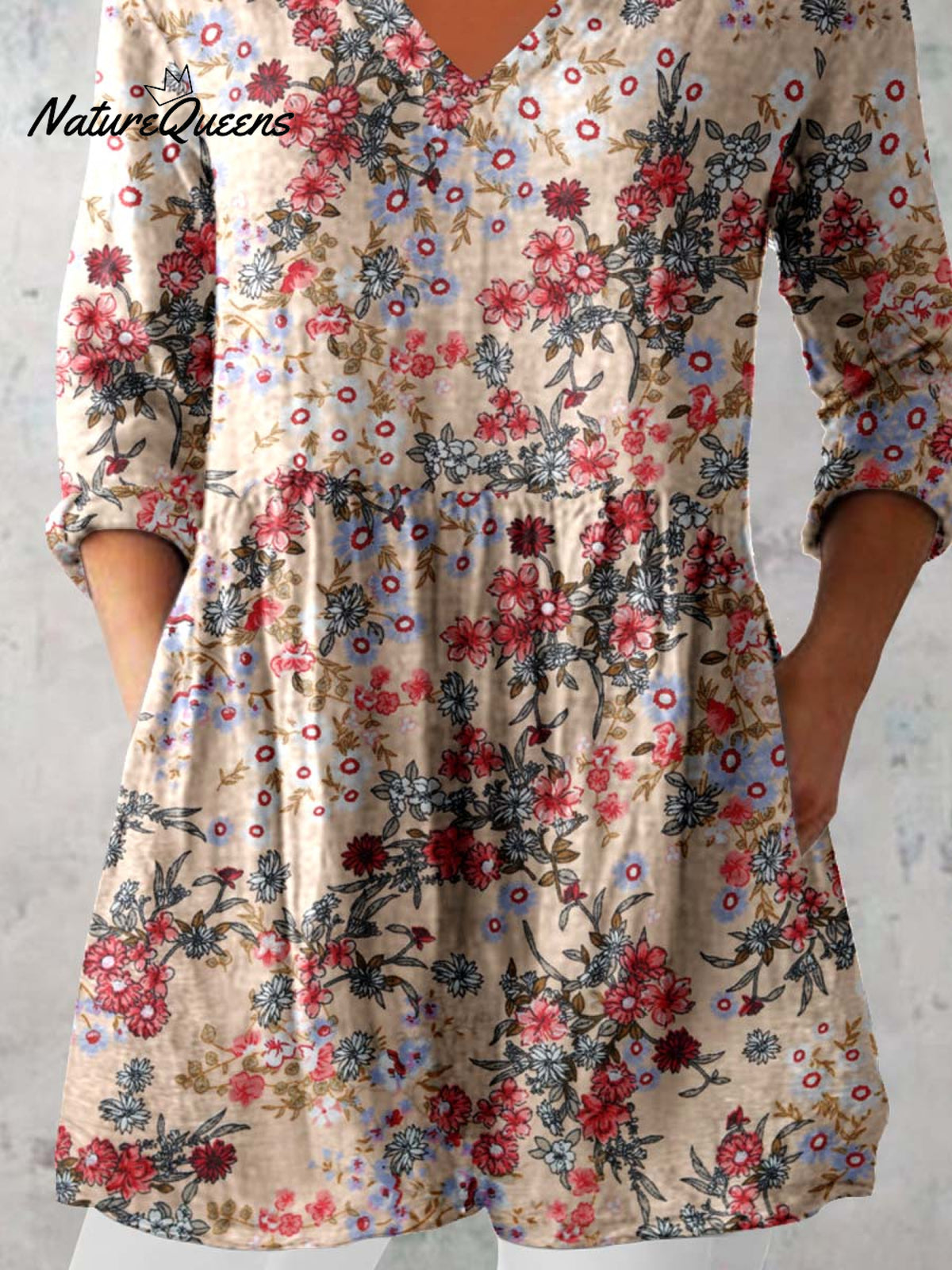 Women's Floral Pattern Cotton And Linen V-neck Top