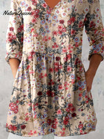 Women's Floral Pattern Cotton And Linen V-neck Top