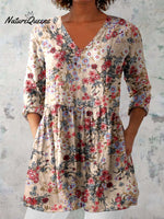 Women's Floral Pattern Cotton And Linen V-neck Top