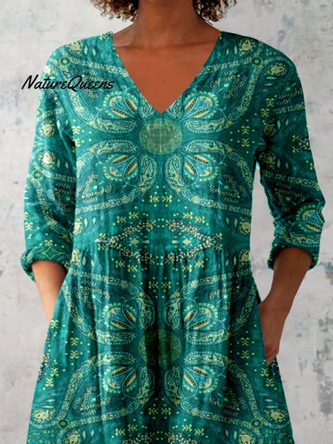 Women's Ethnic Geometric Pattern Printed Round Neck Cotton and Linen Top