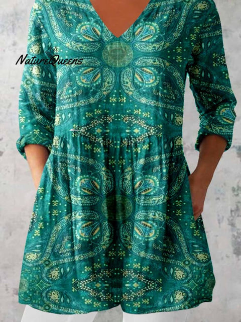 Women's Ethnic Geometric Pattern Printed Round Neck Cotton and Linen Top