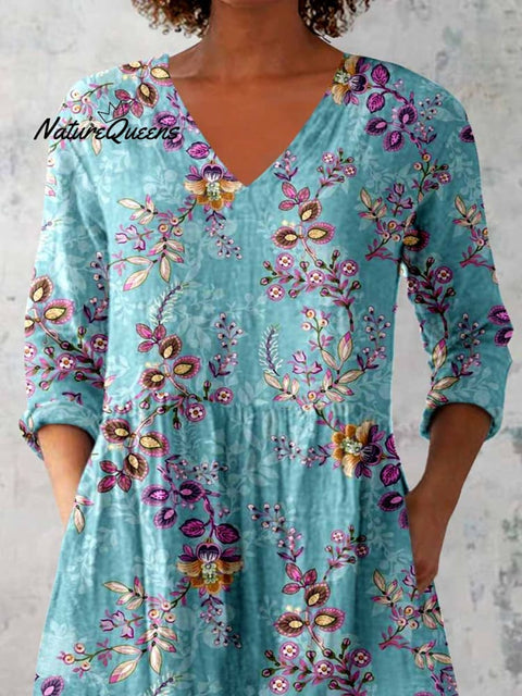 Women's Elegant Floral Motion Round Neck Cotton and Linen Top