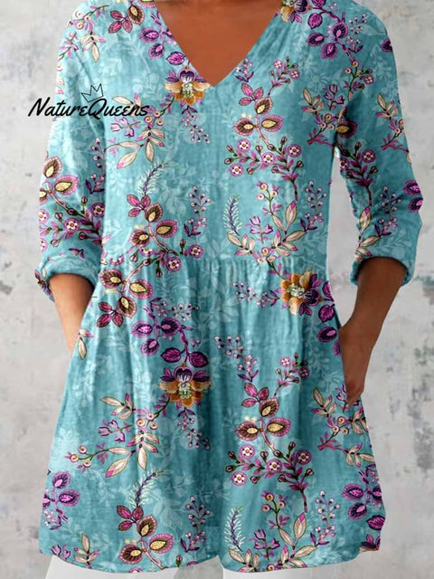 Women's Elegant Floral Motion Round Neck Cotton and Linen Top