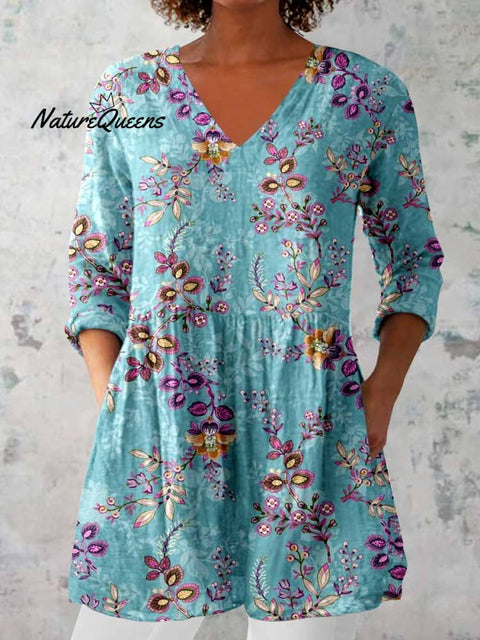 Women's Elegant Floral Motion Round Neck Cotton and Linen Top