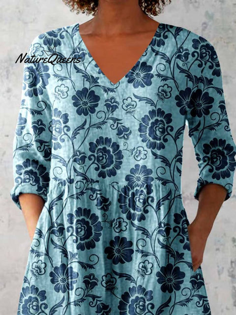 Women's Elegant Floral Motion Round Neck Cotton and Linen Top