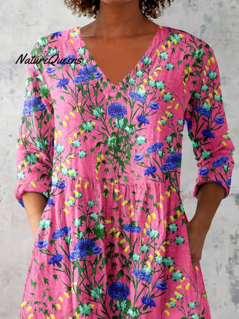 Women's Elegant Floral Motion Round Neck Cotton and Linen Top