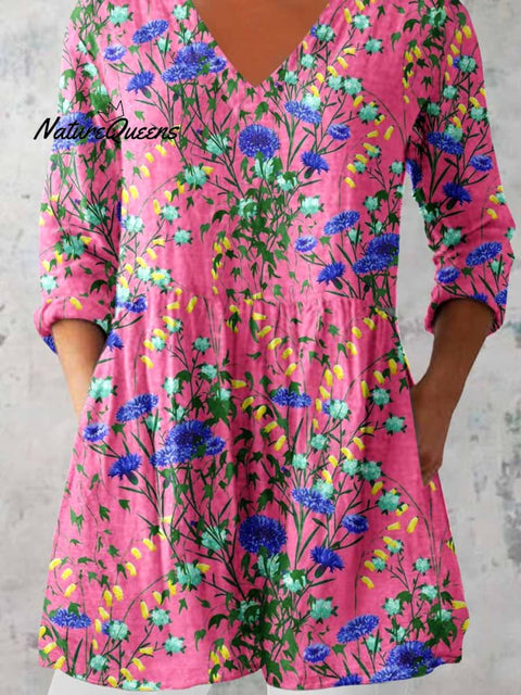 Women's Elegant Floral Motion Round Neck Cotton and Linen Top