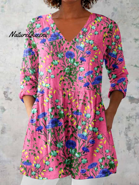 Women's Elegant Floral Motion Round Neck Cotton and Linen Top