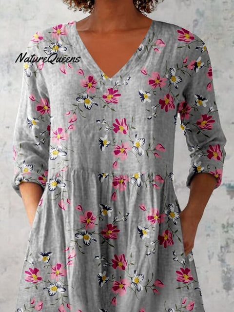 Women's Elegant Floral Motion Round Neck Cotton and Linen Top