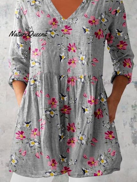 Women's Elegant Floral Motion Round Neck Cotton and Linen Top