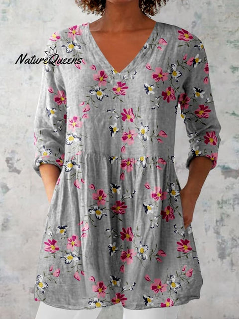 Women's Elegant Floral Motion Round Neck Cotton and Linen Top