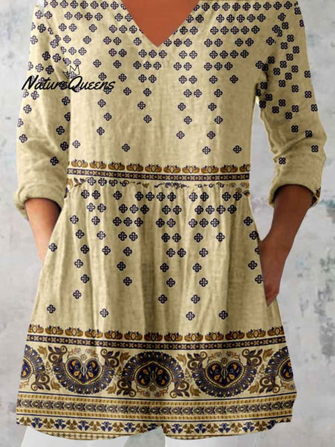 Women's Ethnic Geometric Pattern Printed Round Neck Cotton and Linen Top