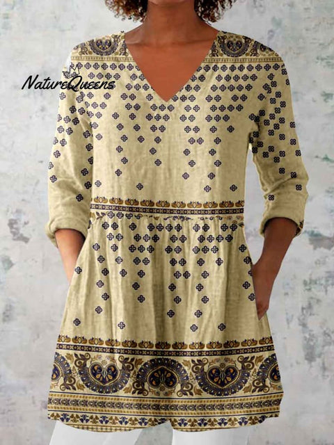 Women's Ethnic Geometric Pattern Printed Round Neck Cotton and Linen Top