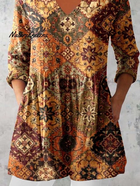 Women's Elegant Ethnic Pattern Cotton and Linen Round Neck Top