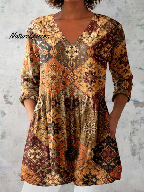 Women's Elegant Ethnic Pattern Cotton and Linen Round Neck Top