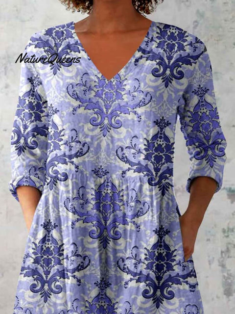 Women's Elegant Floral Print Linen Crew Neck Top