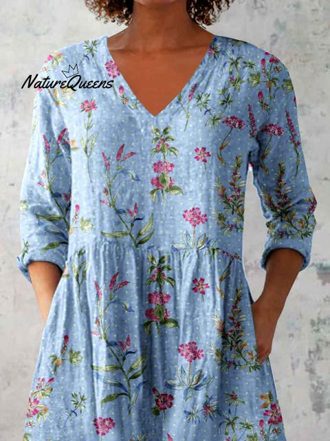 Women's Elegant Floral Print Linen Crew Neck Top