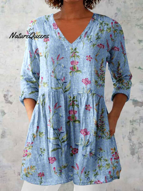 Women's Elegant Floral Print Linen Crew Neck Top