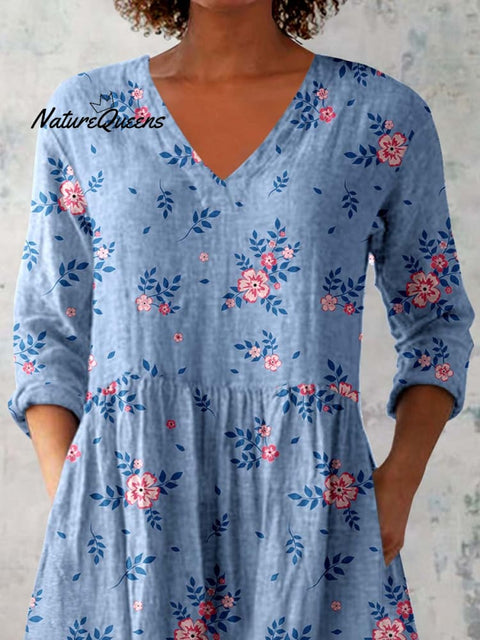 Women's Elegant Floral Print Linen Crew Neck Top