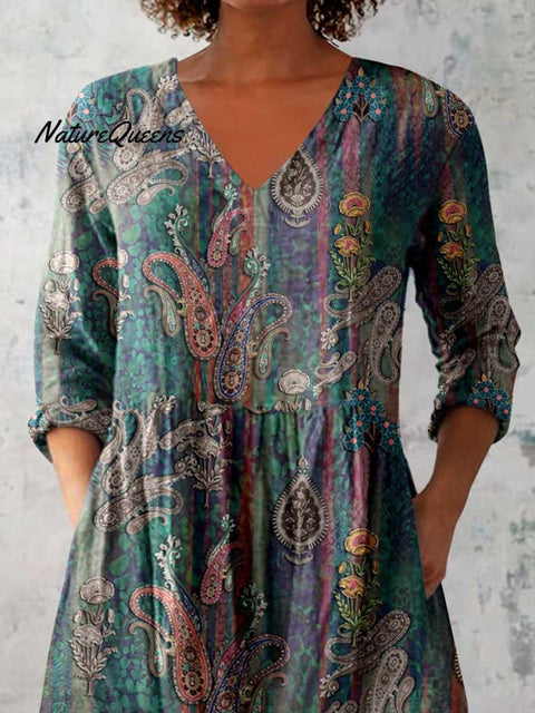 Women's Elegant Ethnic Pattern Cotton and Linen Round Neck Top