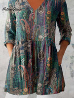 Women's Elegant Ethnic Pattern Cotton and Linen Round Neck Top