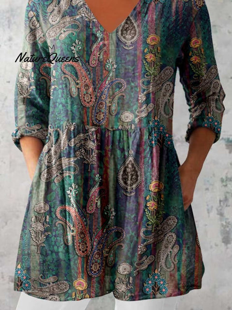 Women's Elegant Ethnic Pattern Cotton and Linen Round Neck Top