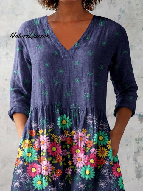 Women's Elegant Floral Print Linen Crew Neck Top