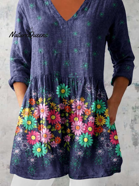 Women's Elegant Floral Print Linen Crew Neck Top