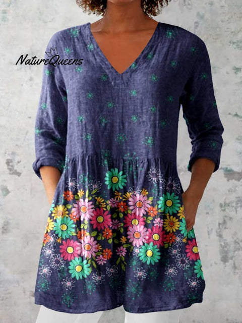 Women's Elegant Floral Print Linen Crew Neck Top