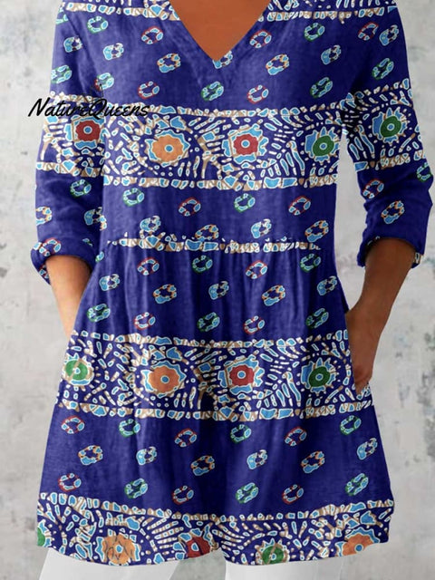 Women's Elegant Ethnic Pattern Cotton and Linen Round Neck Top