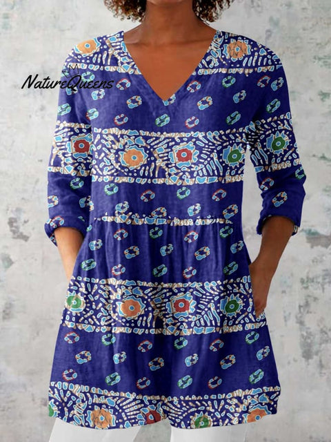 Women's Elegant Ethnic Pattern Cotton and Linen Round Neck Top