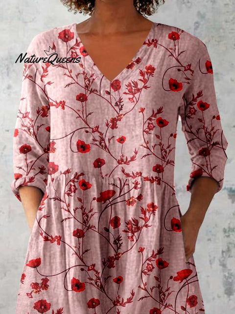 Women's Elegant Floral Print Linen Crew Neck Top