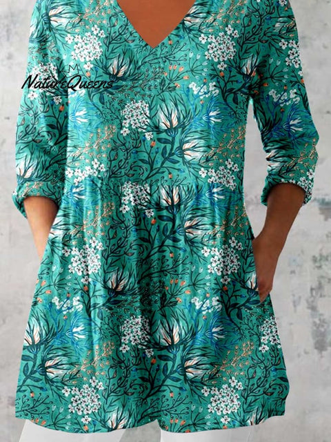 Women's Elegant Floral Print Linen Crew Neck Top