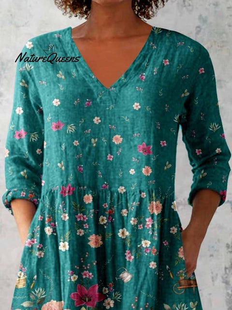 Women's Elegant Floral Round Neck Cotton and Linen Top