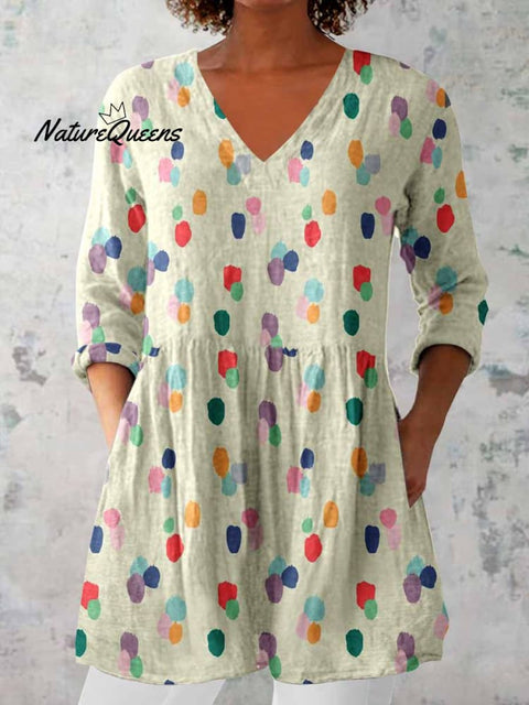 Women's Elegant Polka Dot Round Neck Cotton and Linen Top